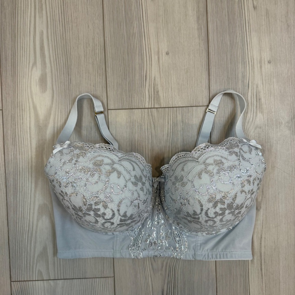 Cacique Boost Balconette Bra 38DDD Light Blue Silver Metallic Floral Lace Padded